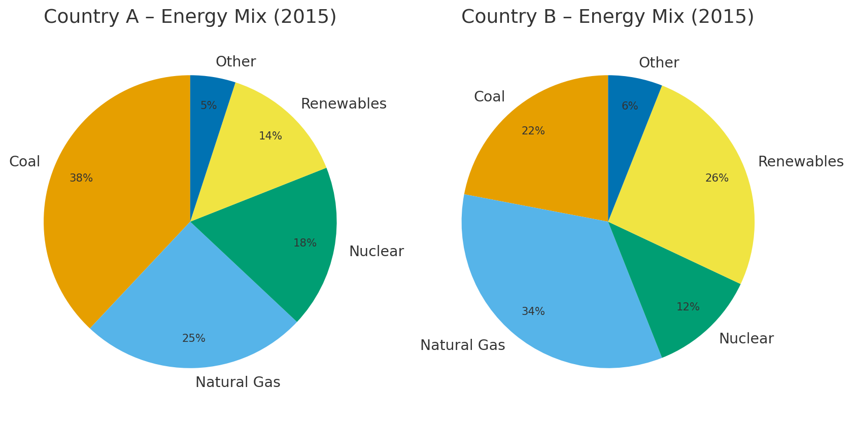 IELTS Academic Writing Task 1 pie charts question – energy mix in two countries (coal, natural gas, nuclear, renewables, other) in 2015