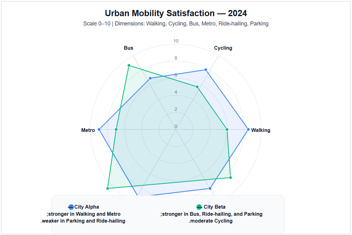 IELTS Writing Task 1 Test 22 – Urban Mobility Radar Chart