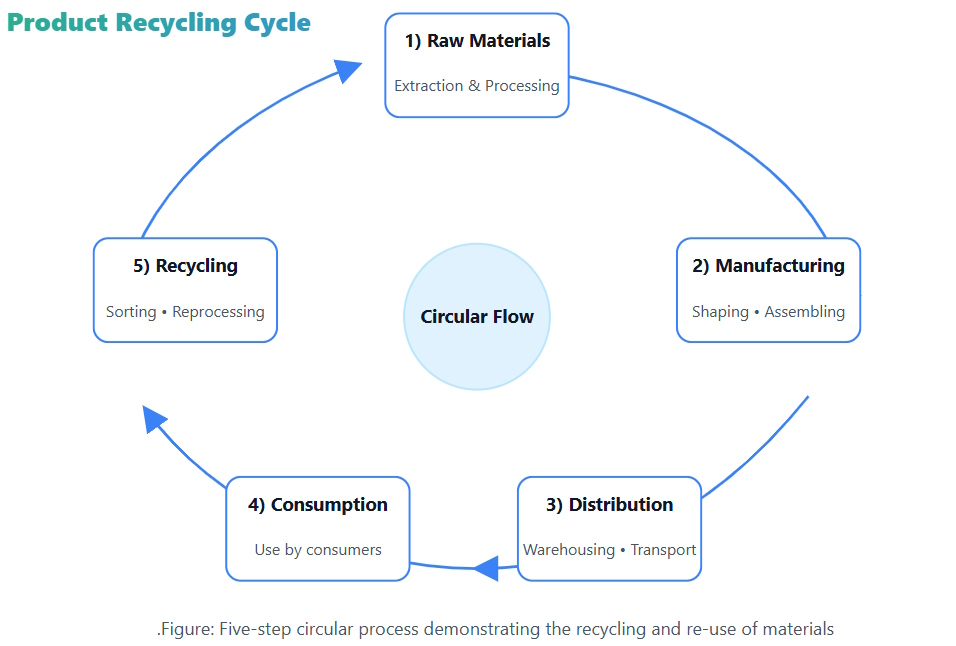 Five-step Product Recycling Cycle (Raw Materials → Manufacturing → Distribution → Consumption → Recycling)