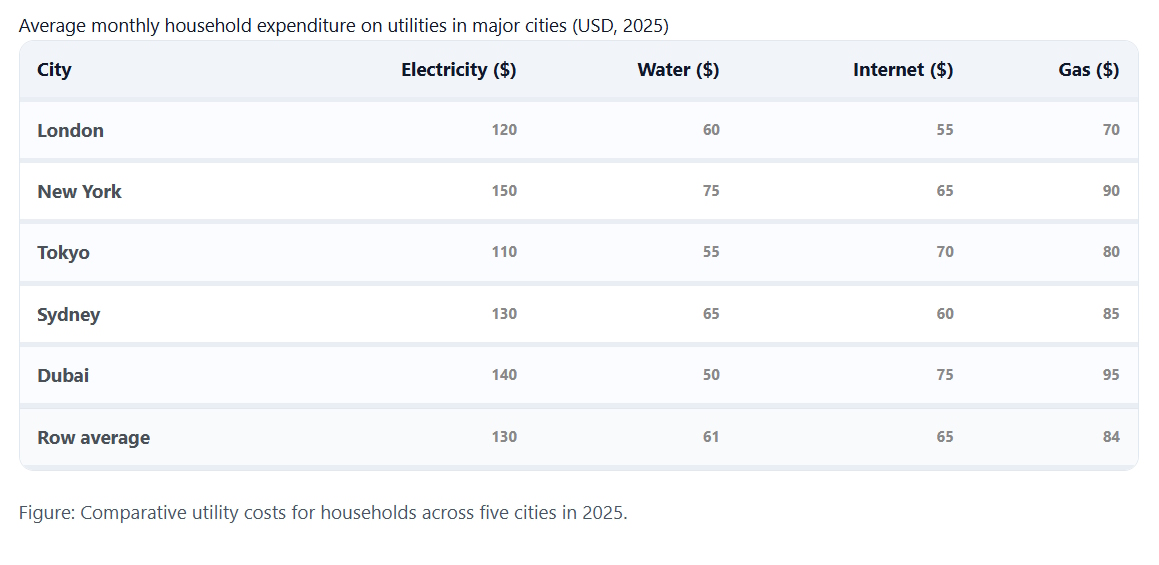 Average monthly household utility expenses in major cities (2025)