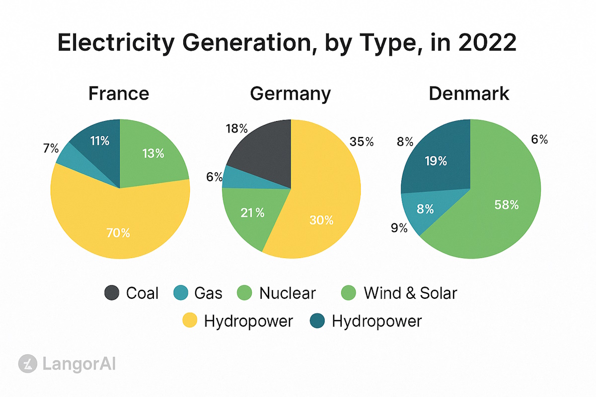 IELTS Writing Task 1 Pie Charts – Electricity generation by source in three countries (2020)